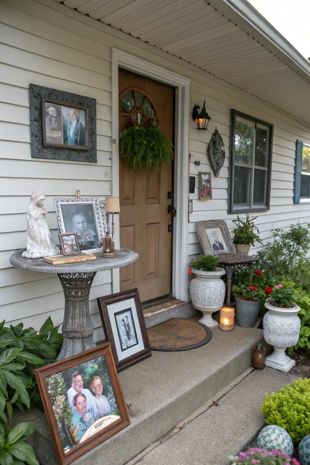 Unique personal items add character to a small porch.