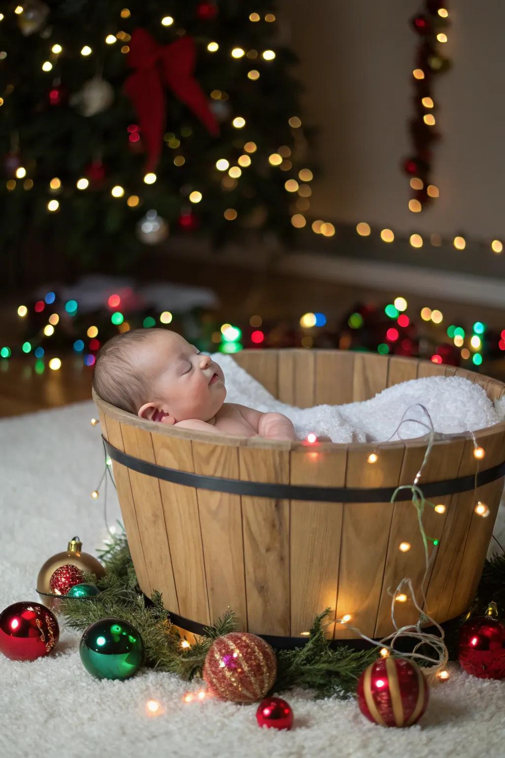 Baby enjoying a playful holiday-themed bathtub setup.