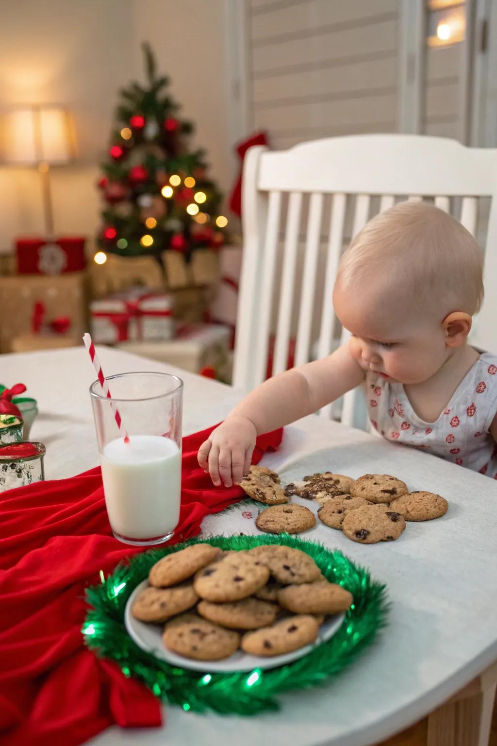 Playful baby caught sneaking Santa's cookies.