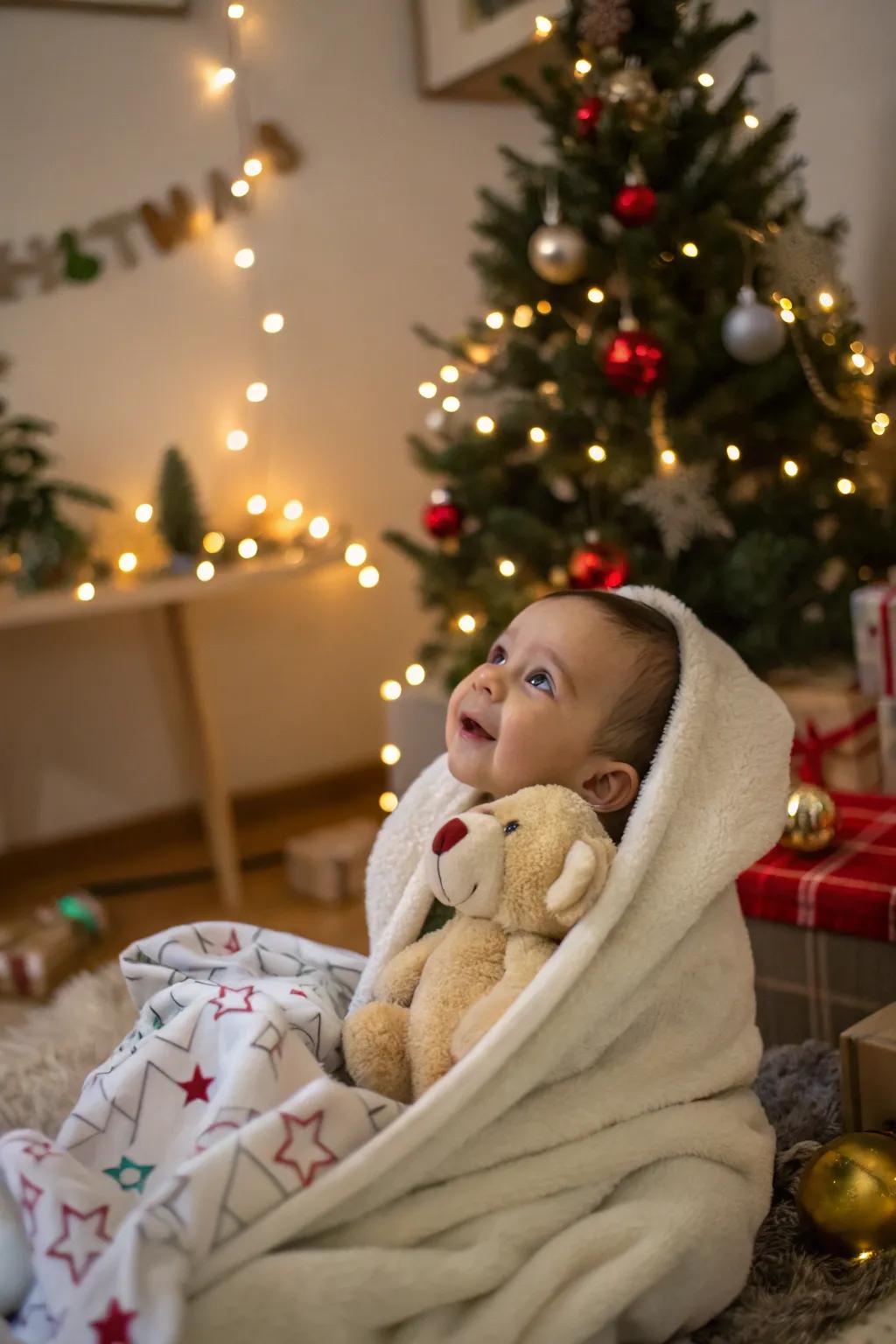 Tender moments of baby wrapped in soft blankets with a plush toy.