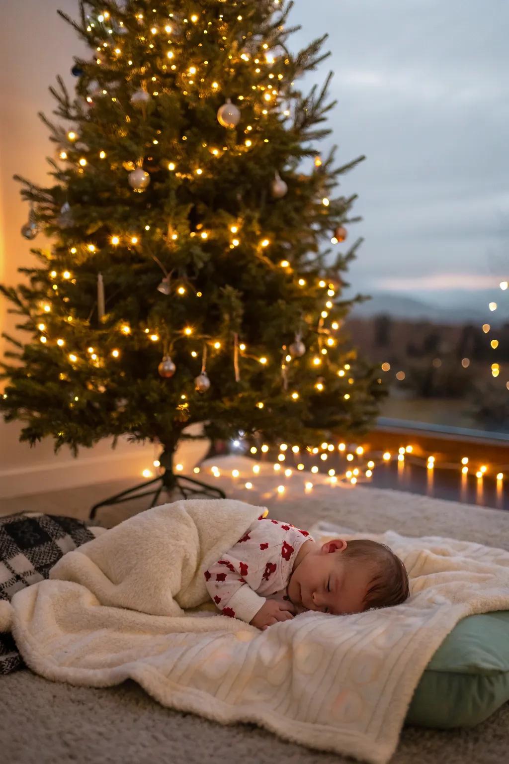Baby mesmerized by the sparkling Christmas tree lights.