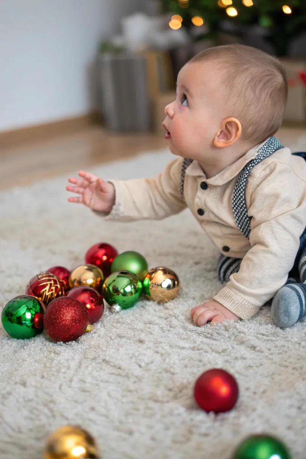 Baby fascinated by colorful Christmas ornaments.