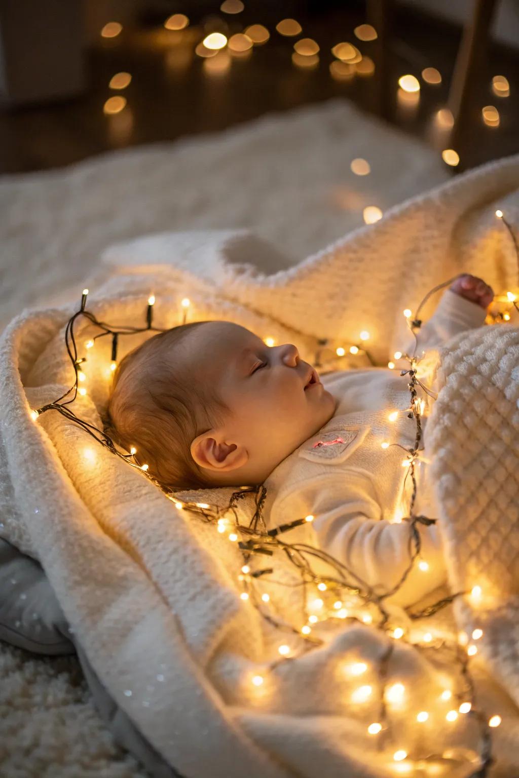 Baby surrounded by a soft glow of Christmas lights.