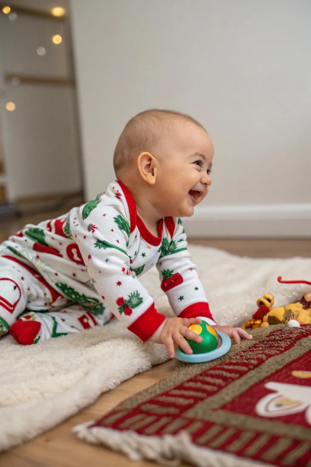Baby in cheerful Christmas pajamas ready for holiday fun.