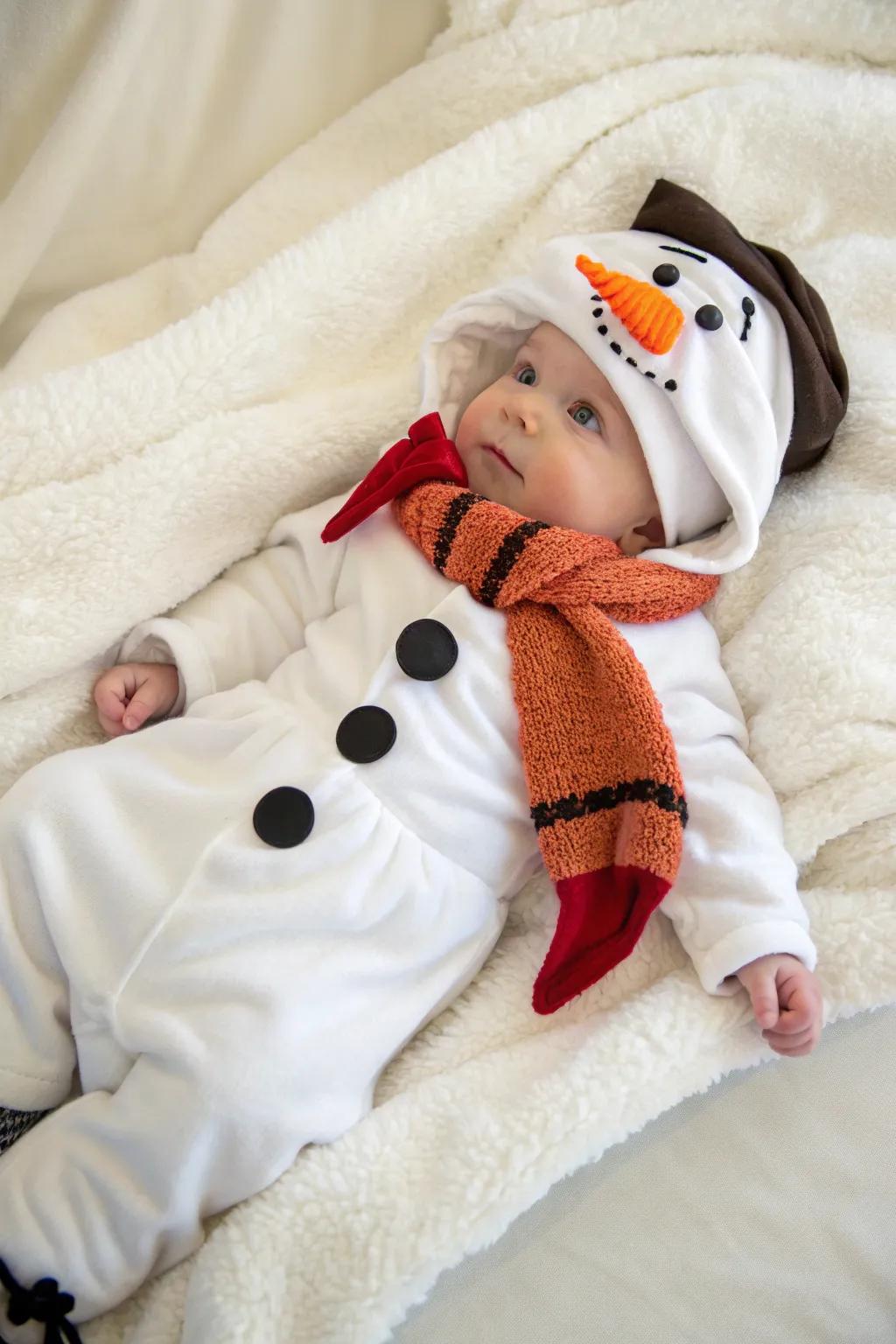 Baby dressed in a soft snowman outfit for a winter-themed photo.