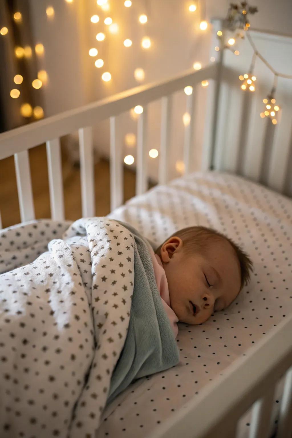 Peaceful baby sleeping on Christmas Eve surrounded by soft lights.