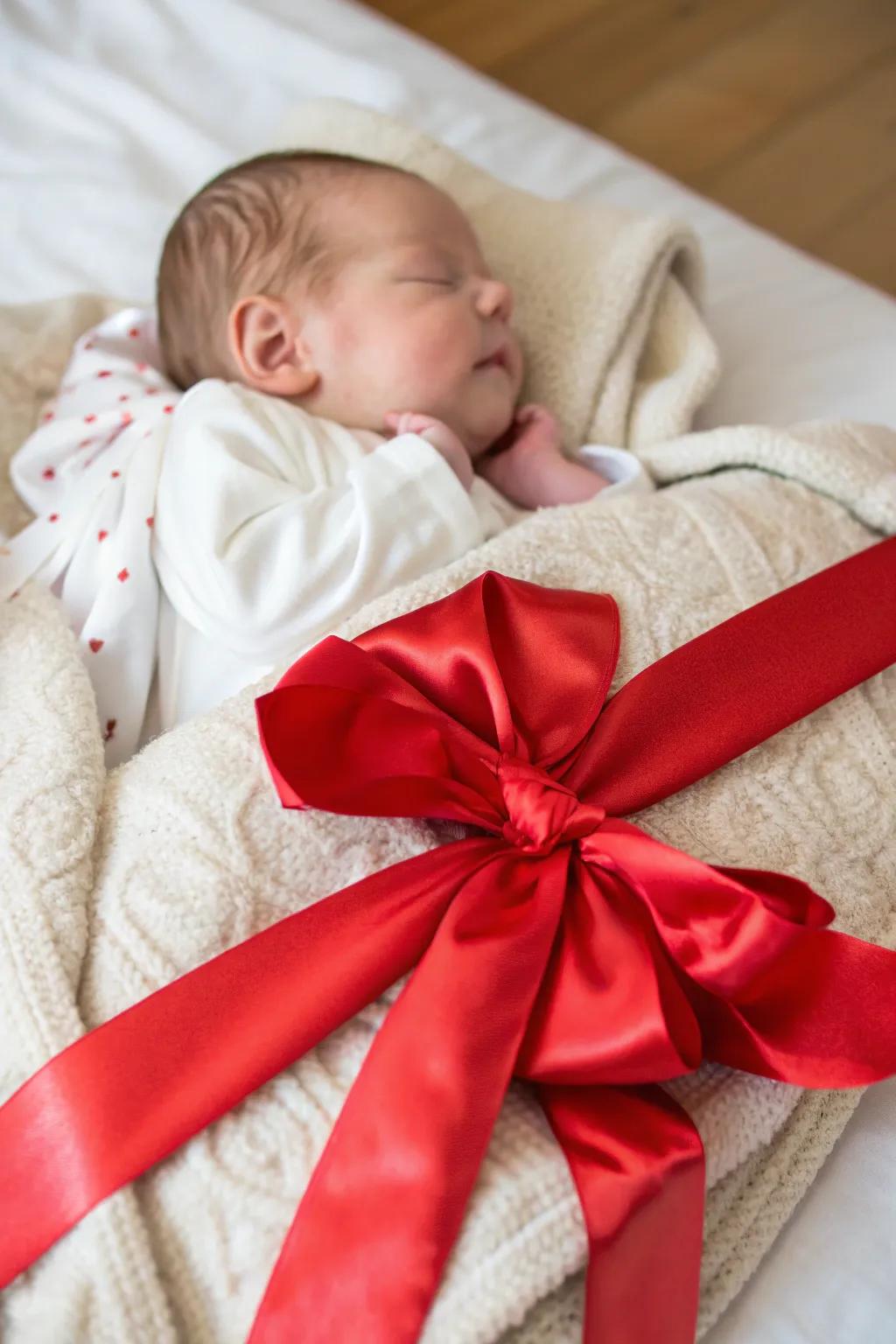 Baby wrapped in a big satin bow, symbolizing the best gift.