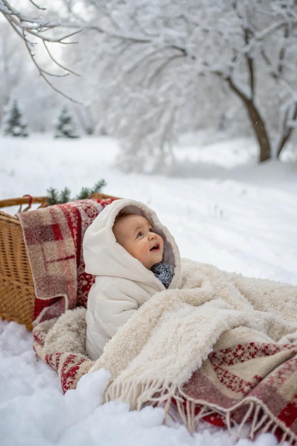 A charming winter wonderland setup for your baby's Christmas photos.