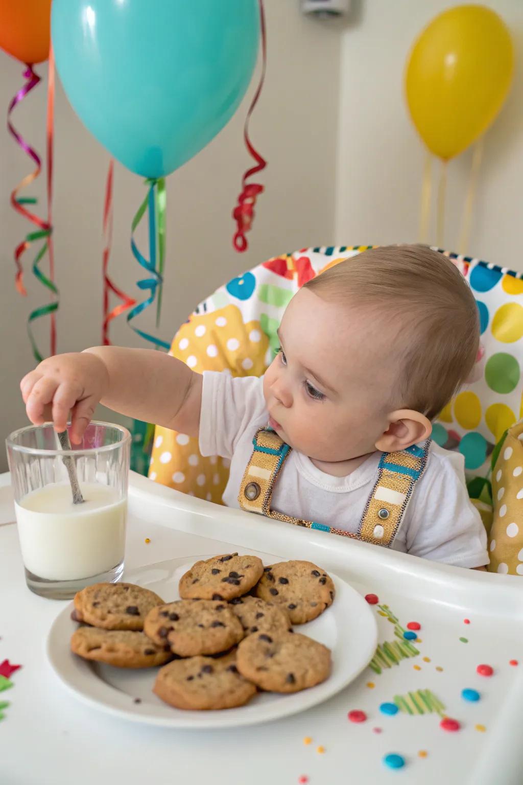 Baby eagerly reaching for Santa's cookies and milk.