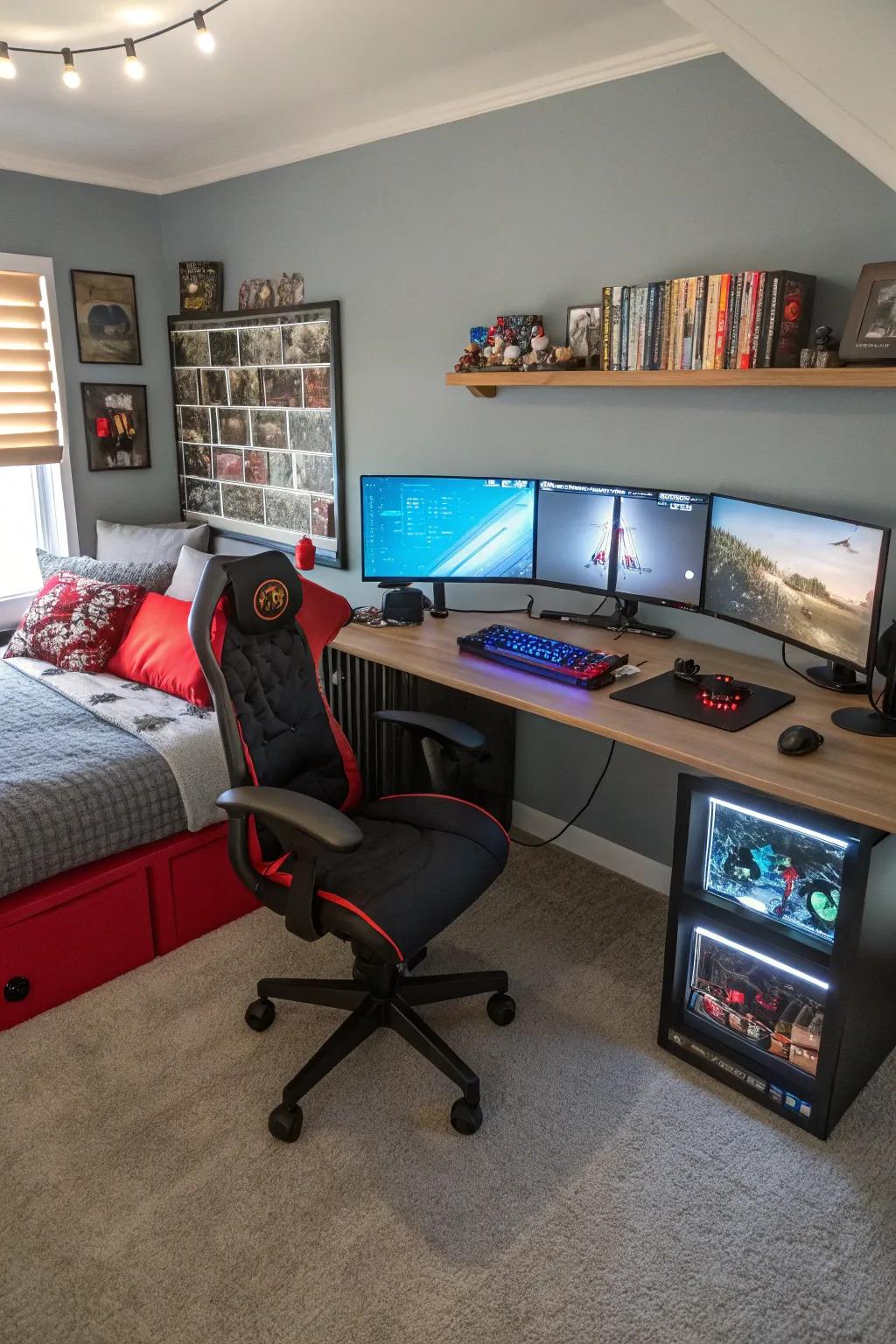 Triple monitor setup offering an expansive gaming view.