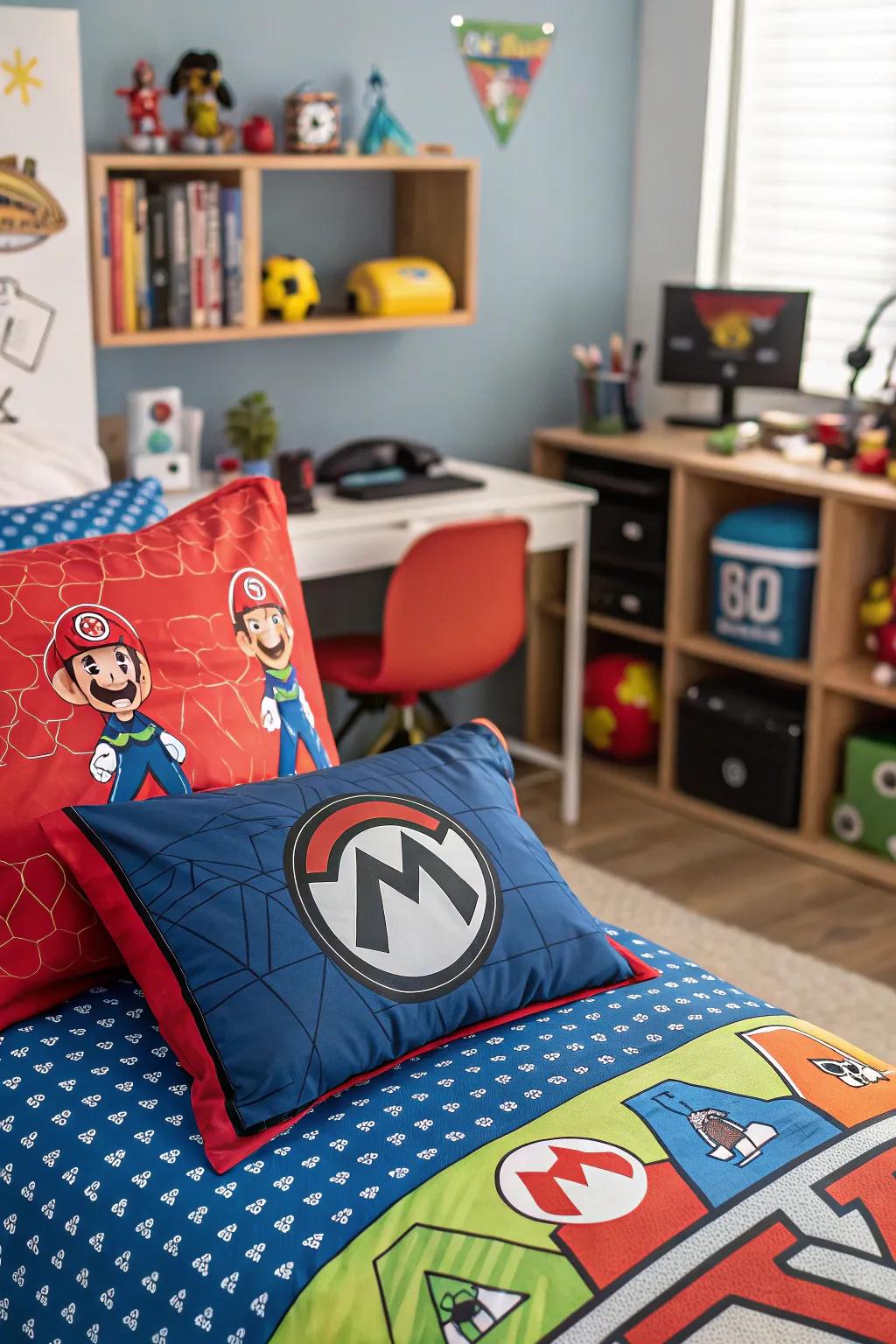 Playful gaming-themed bedding brightens the room.