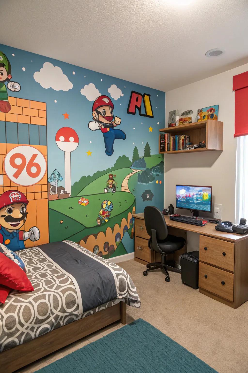 Bold custom wall mural enhancing the gaming room's personality.
