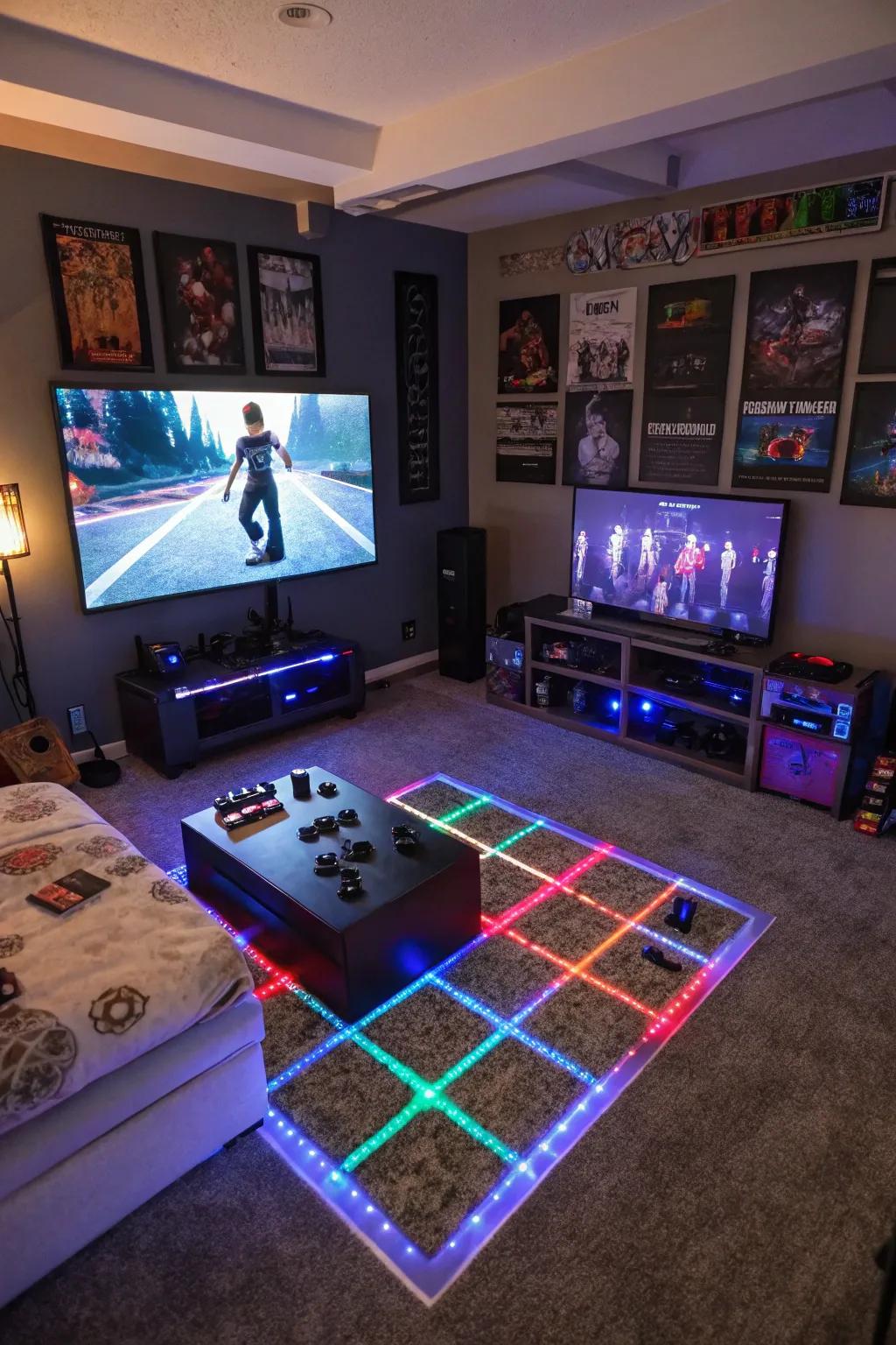 Interactive LED floor tiles adding a playful touch.