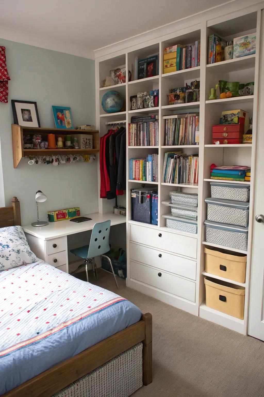 Vertical shelving solutions optimizing room space.