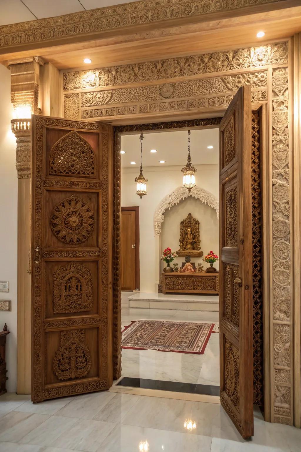 Intricately carved wooden doors welcoming you into a sacred space.