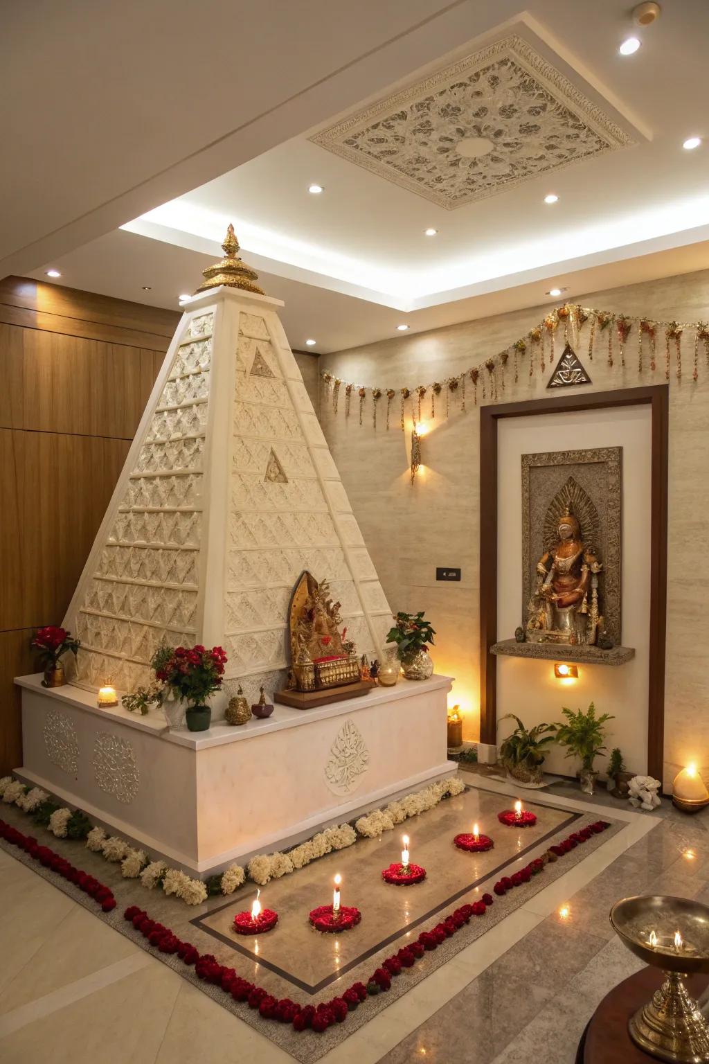 Pyramid-shaped ceiling enhancing positive energy flow.