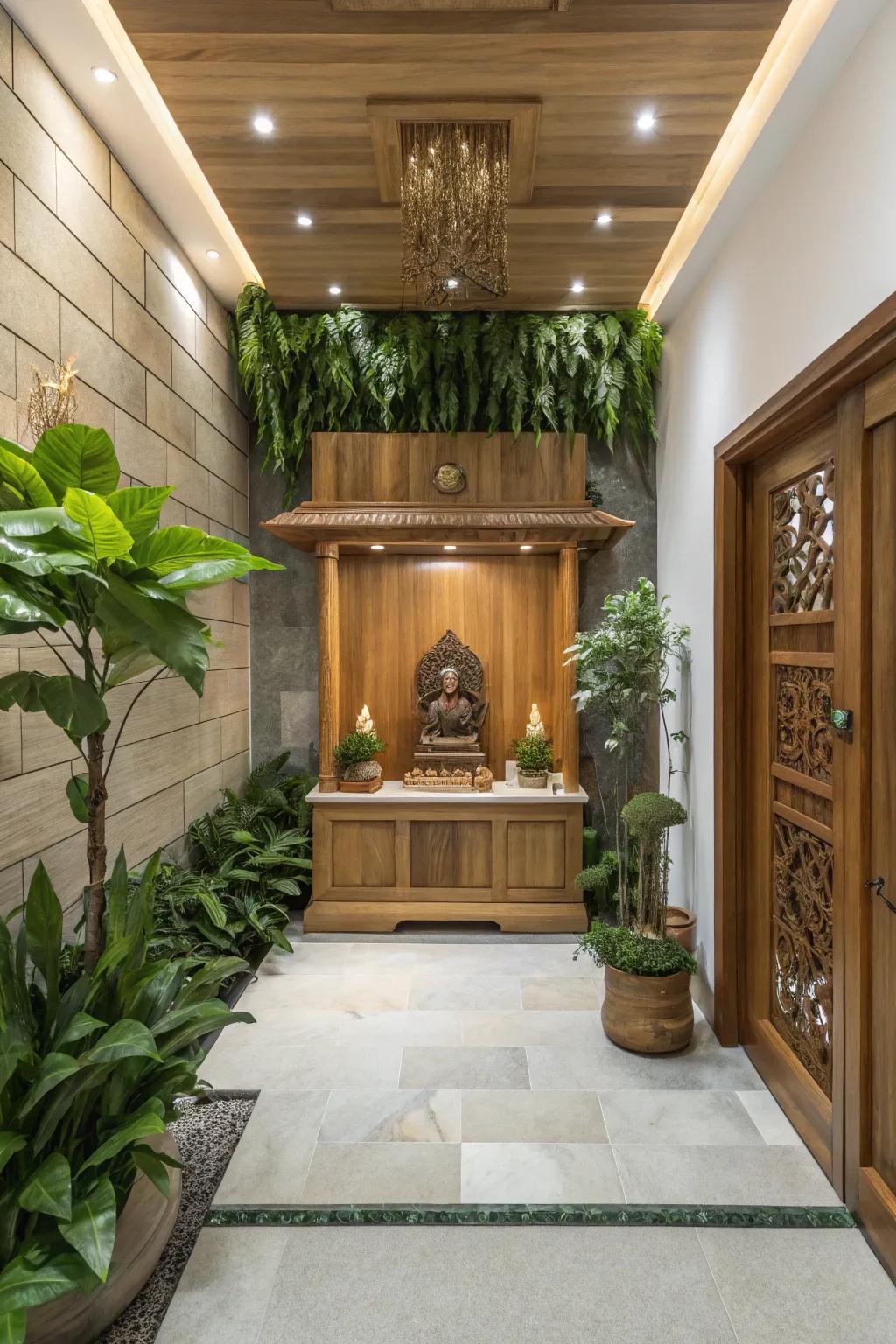 Natural elements like plants and wood creating harmony.