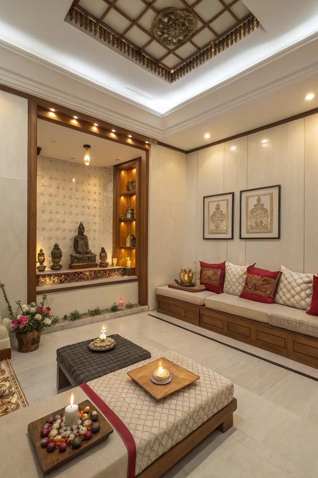 Cozy seating arrangements for spiritual practice.