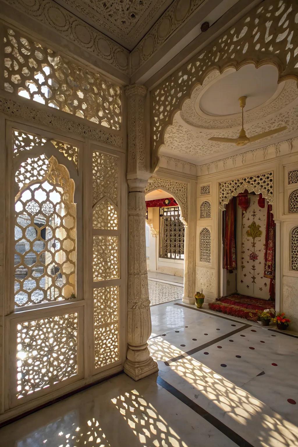 Intricate jali designs adding traditional charm.