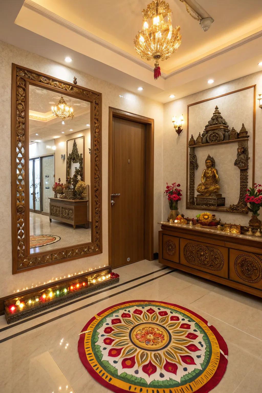 Mirrors creating an illusion of spaciousness in your pooja room.