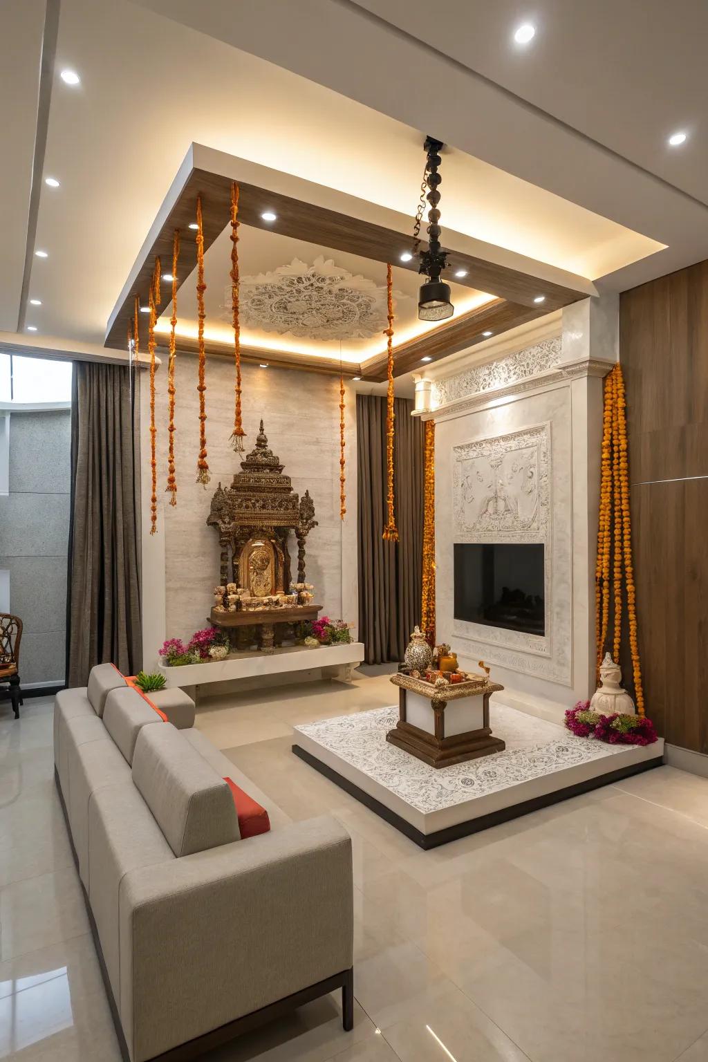 Modern floating mandir setup for efficient use of space.
