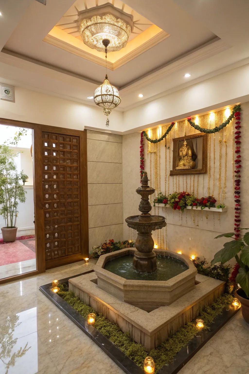 Water elements adding calm and tranquility to your pooja room.