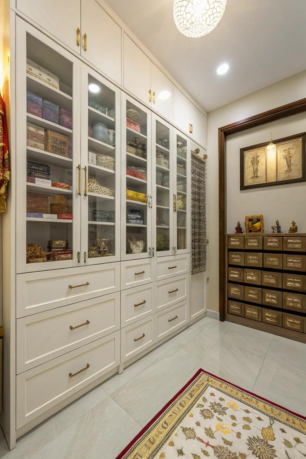Efficient storage solutions for a tidy pooja room.