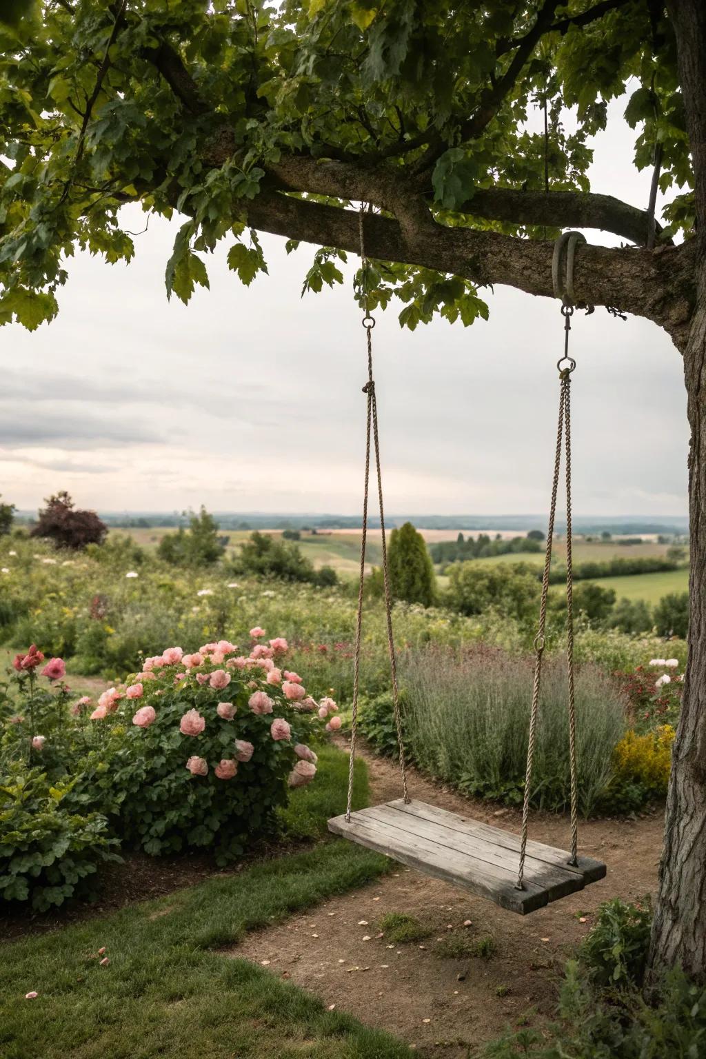 Outdoor swings offer a playful and peaceful spot to unwind.