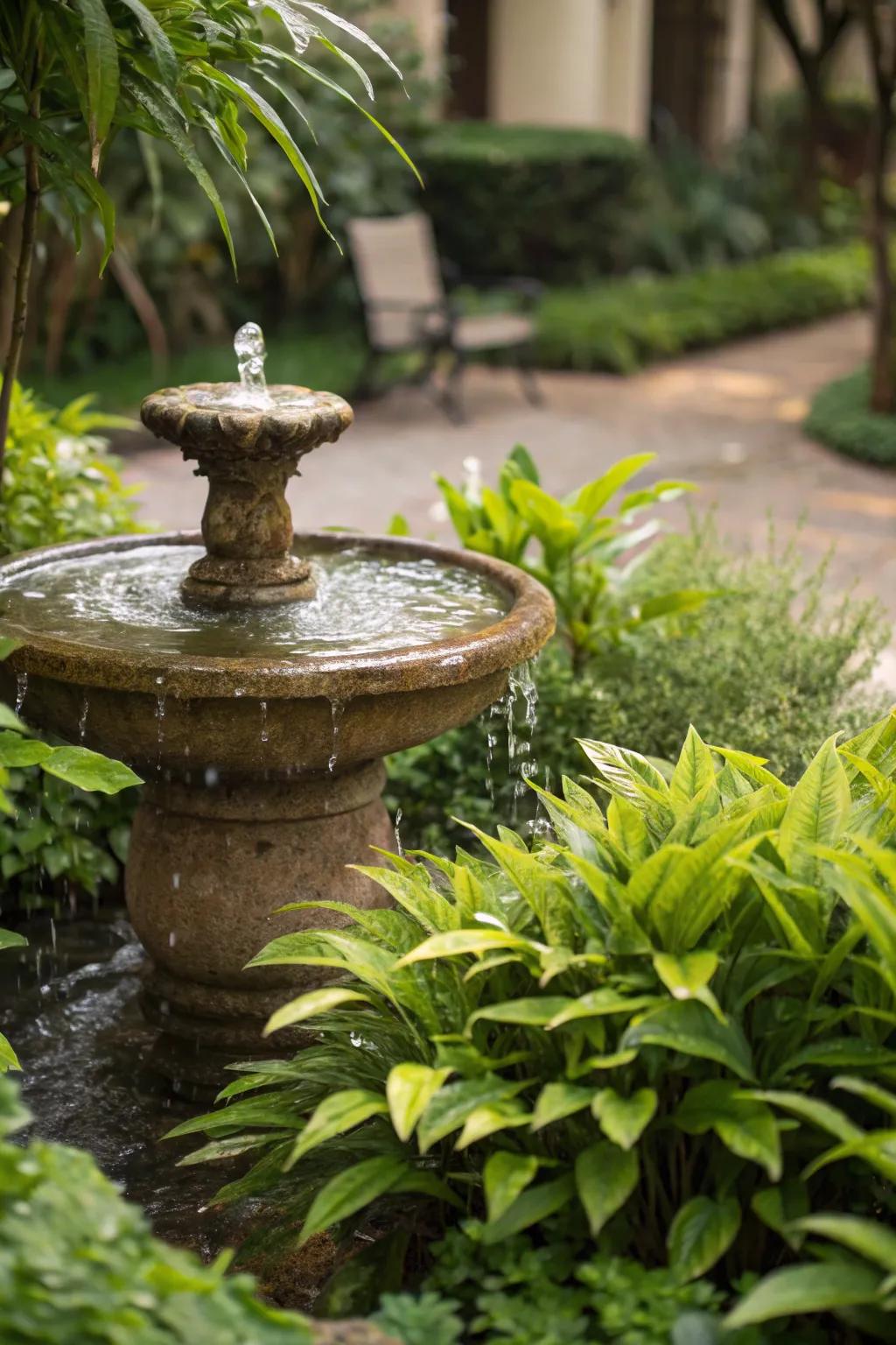 Water features add peaceful sounds and visual appeal to gardens.
