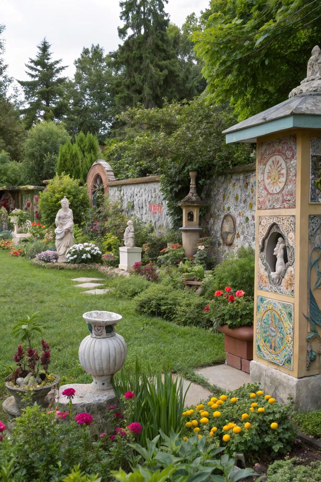 Outdoor sculptures and wall art add unique flair to garden spaces.
