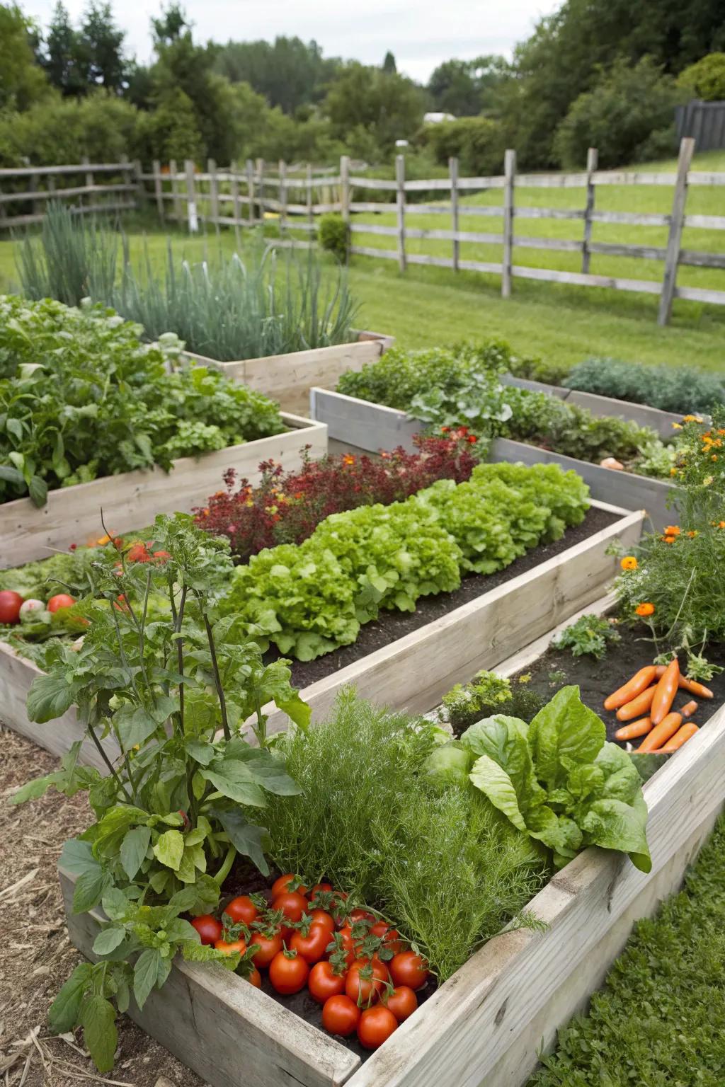 Raised planter beds provide accessible and organized gardening spaces.