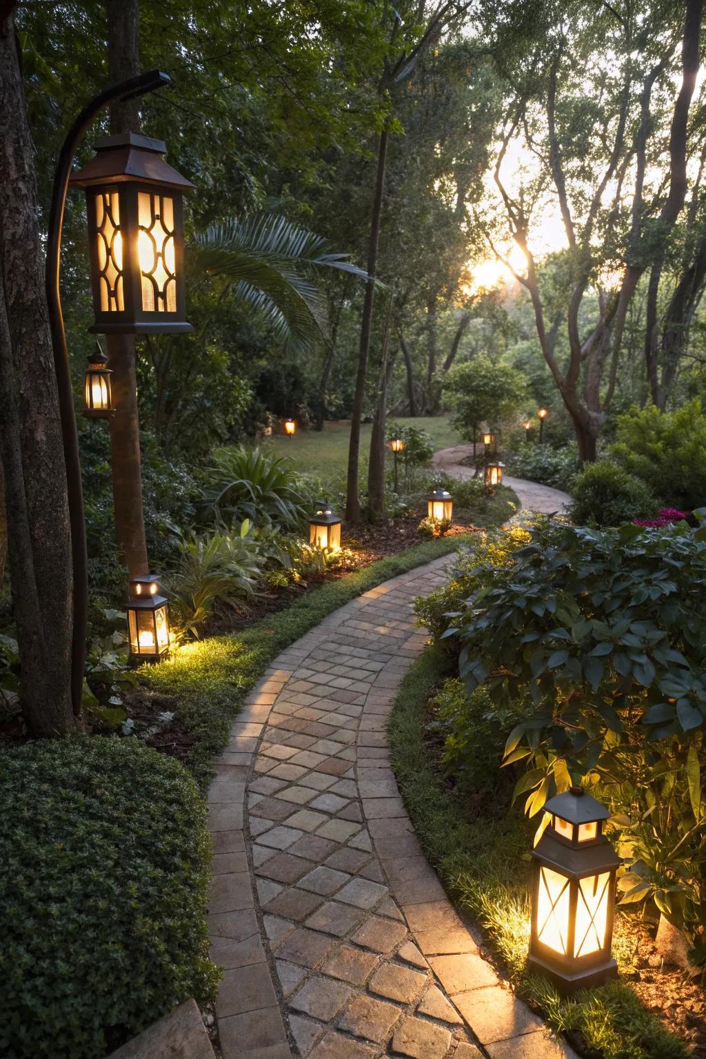 Outdoor lighting creates a magical atmosphere after dark.