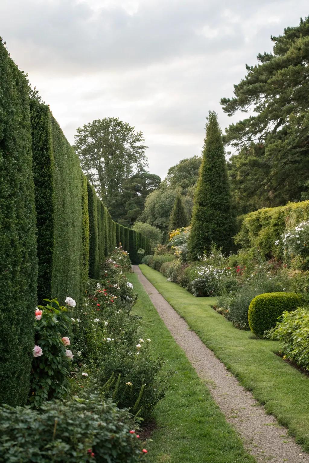 Tall hedges and fences provide privacy and a sense of enclosure.