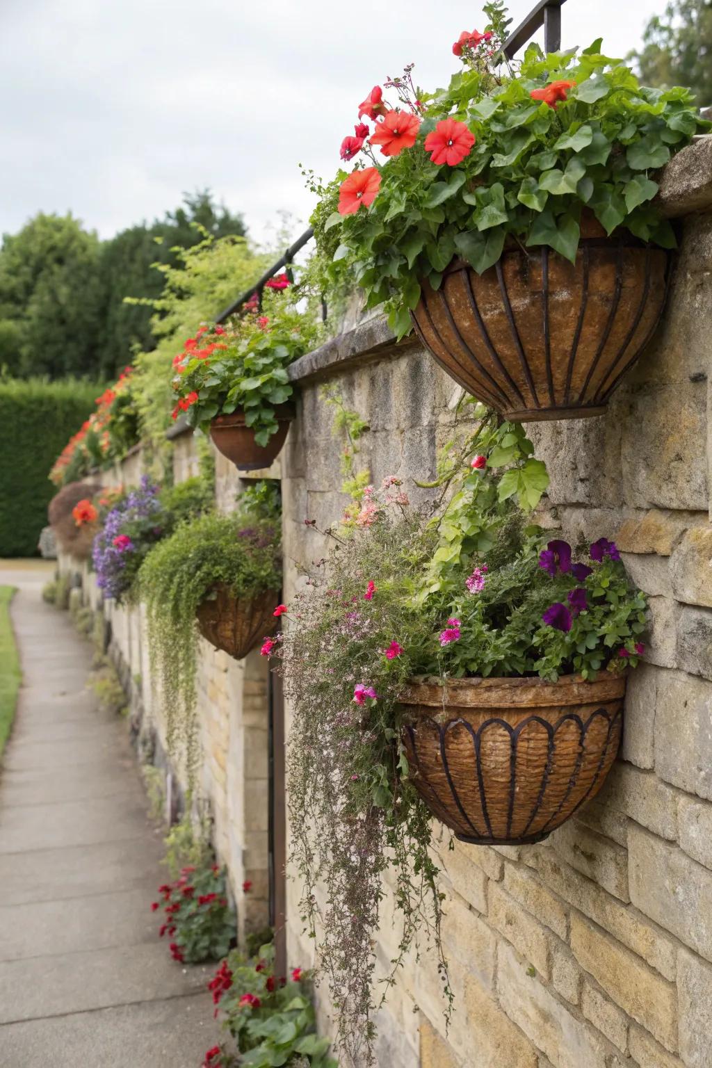 Hanging baskets add color and dimension to vertical garden spaces.