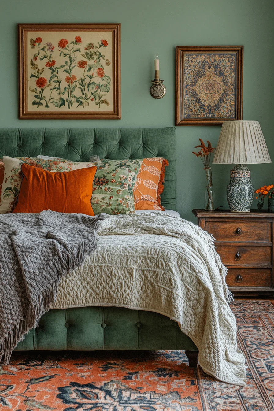 Eclectic Sage Green Farmhouse Bedroom