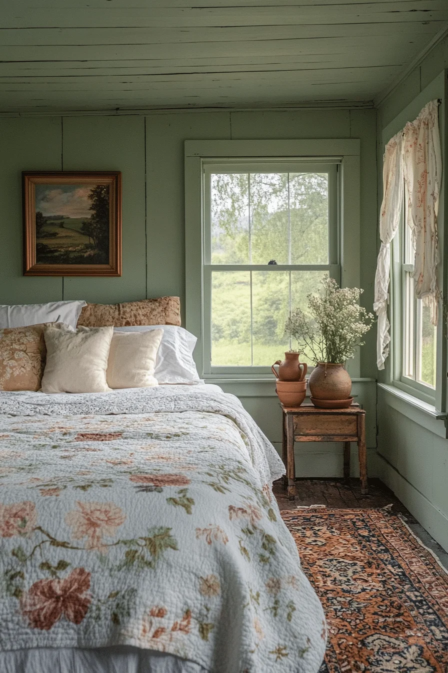 Artistic Sage Green Farmhouse Bedroom