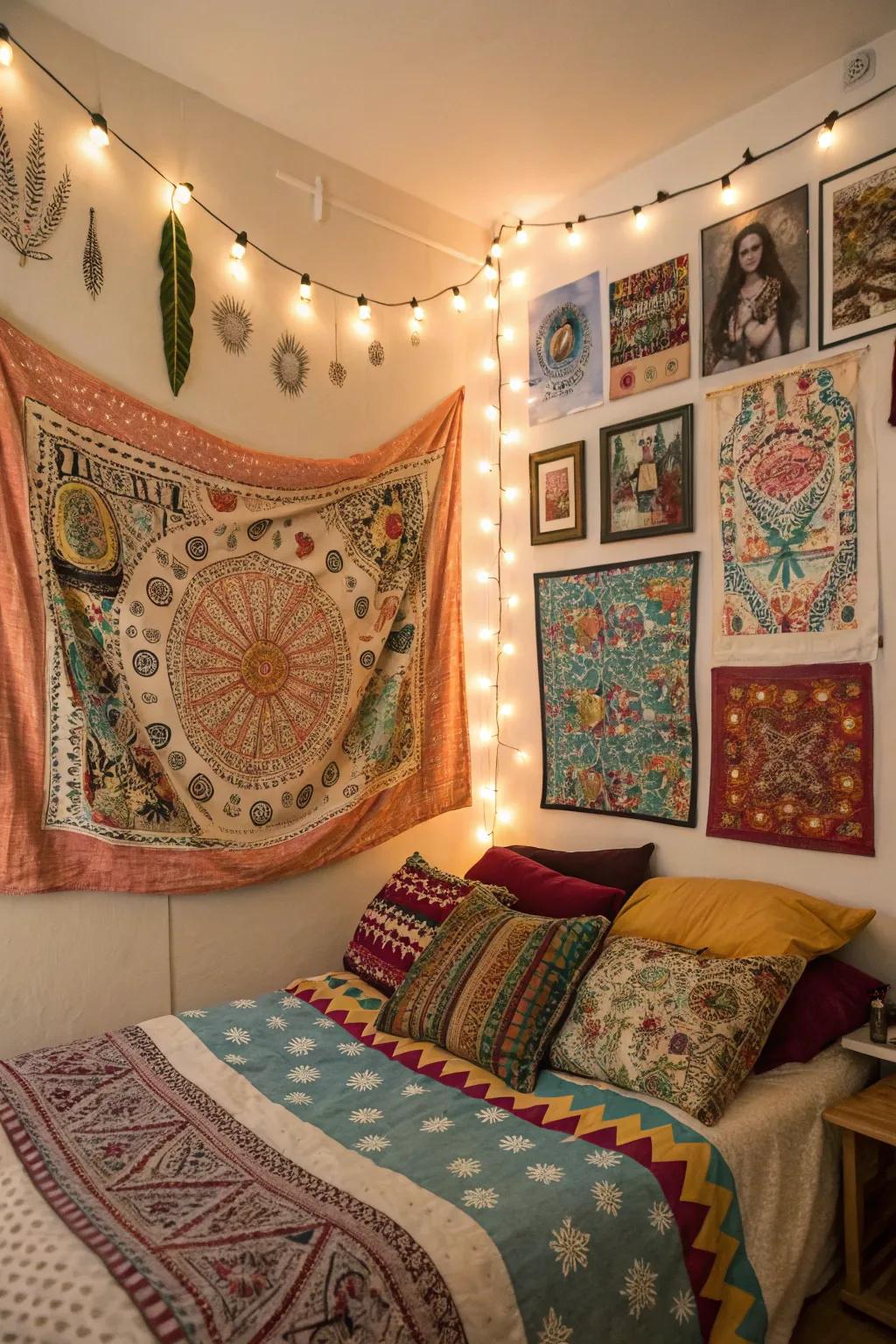 Bohemian style wall collages bring vibrant and artistic energy.