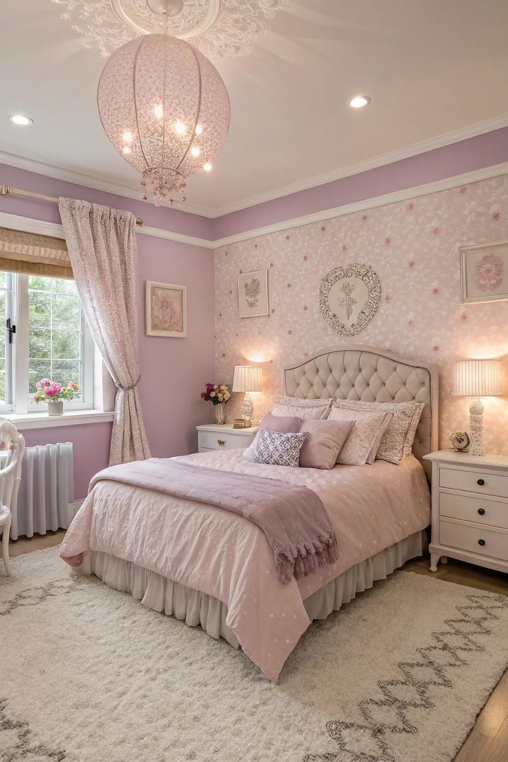 Soft romantic colors create a calming atmosphere.