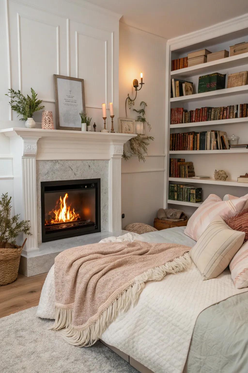 Fireplace adds warmth and a focal point to the bedroom.