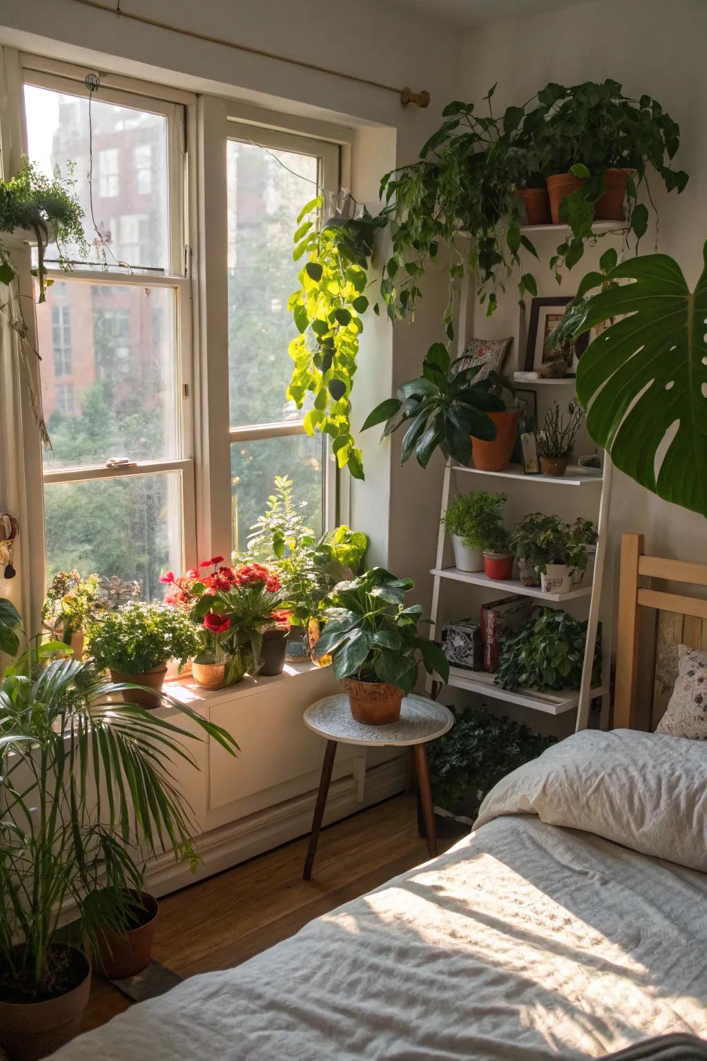 Indoor plants add freshness and vitality to your bedroom.