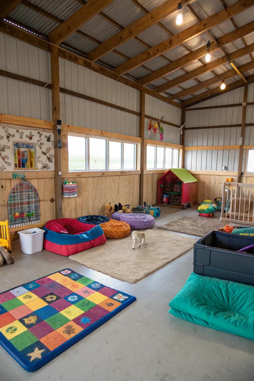 Design a cozy sanctuary for your pets in a pole barn.