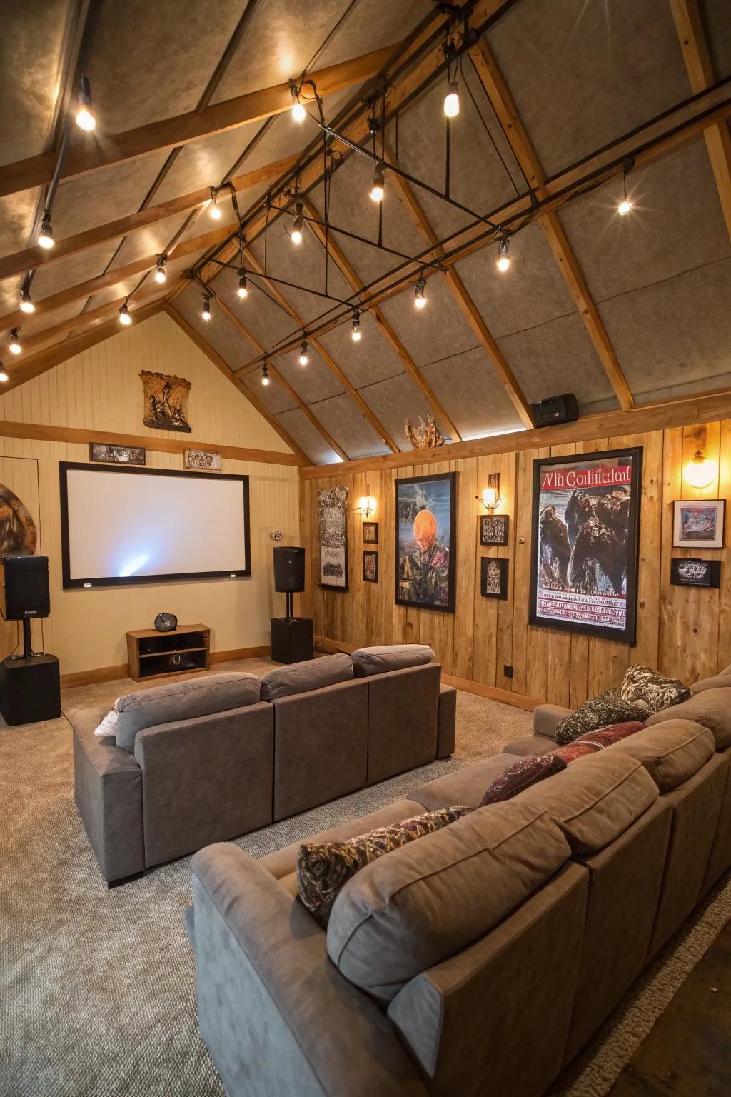 Host movie nights in a cozy pole barn home theater.
