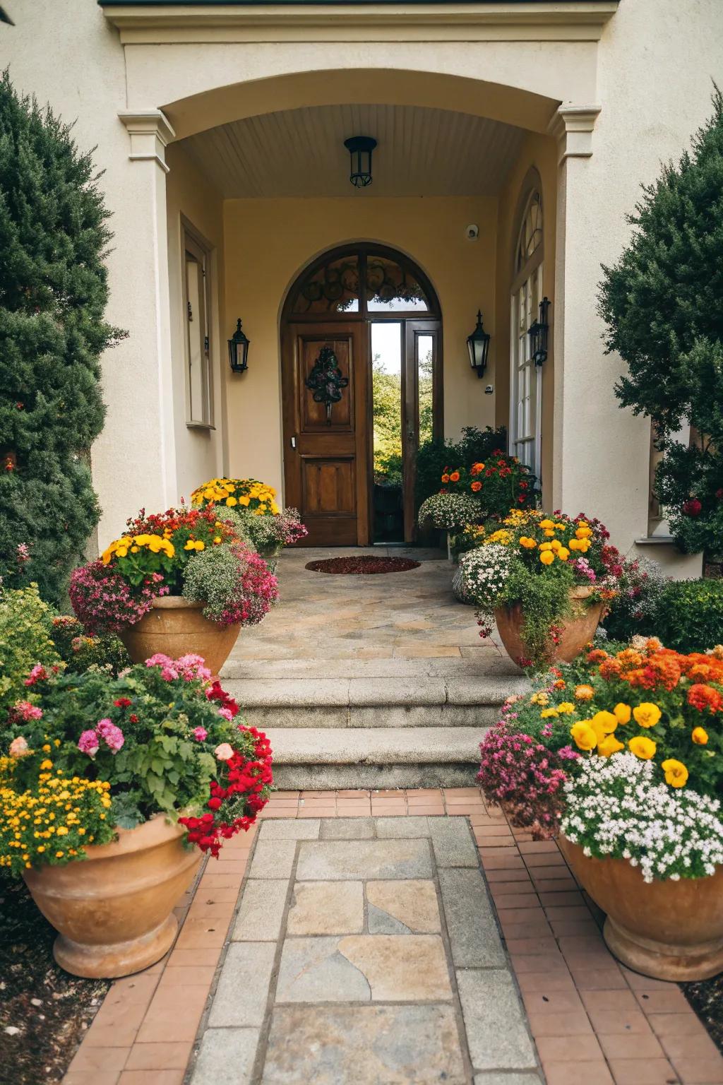 Liven up your entryway with colorful potted plants.