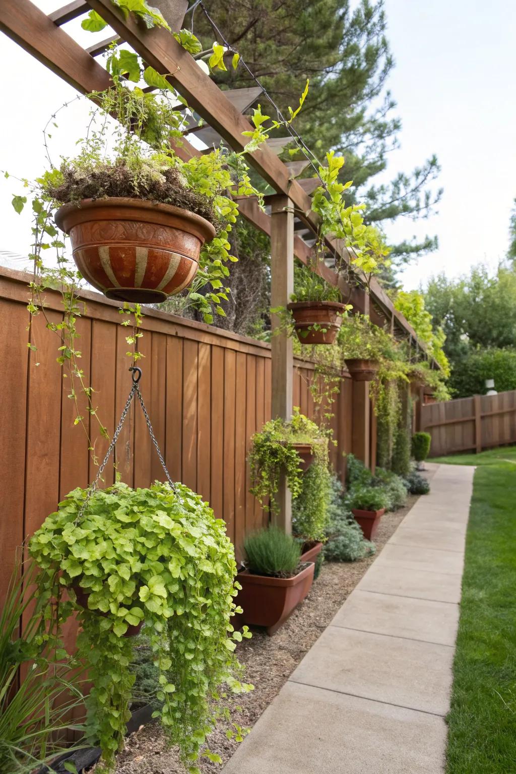 Create a magical floating garden with hanging pots and trailing greenery.