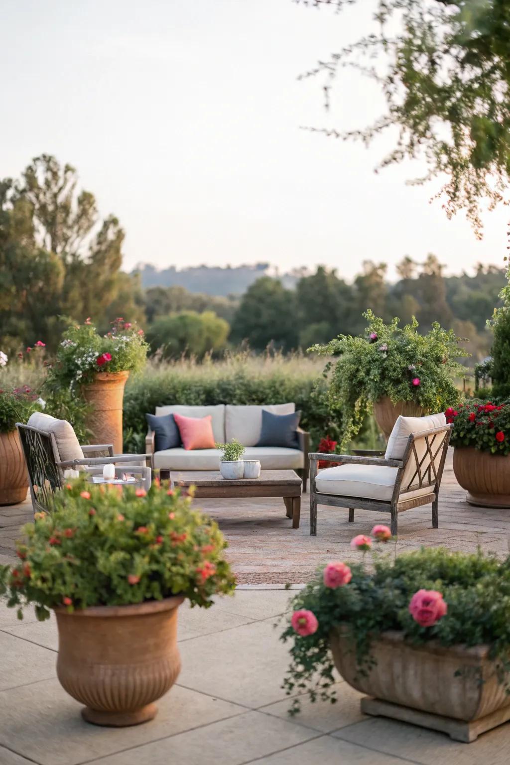 Create a cozy outdoor lounge with abundant potted plants.