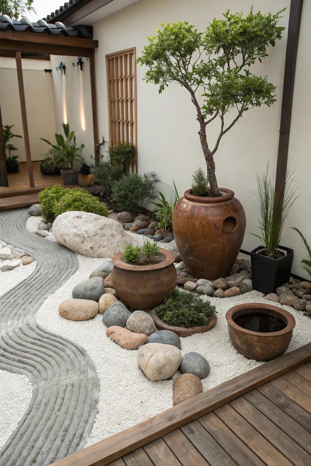Create a peaceful zen garden with pots and natural stones.
