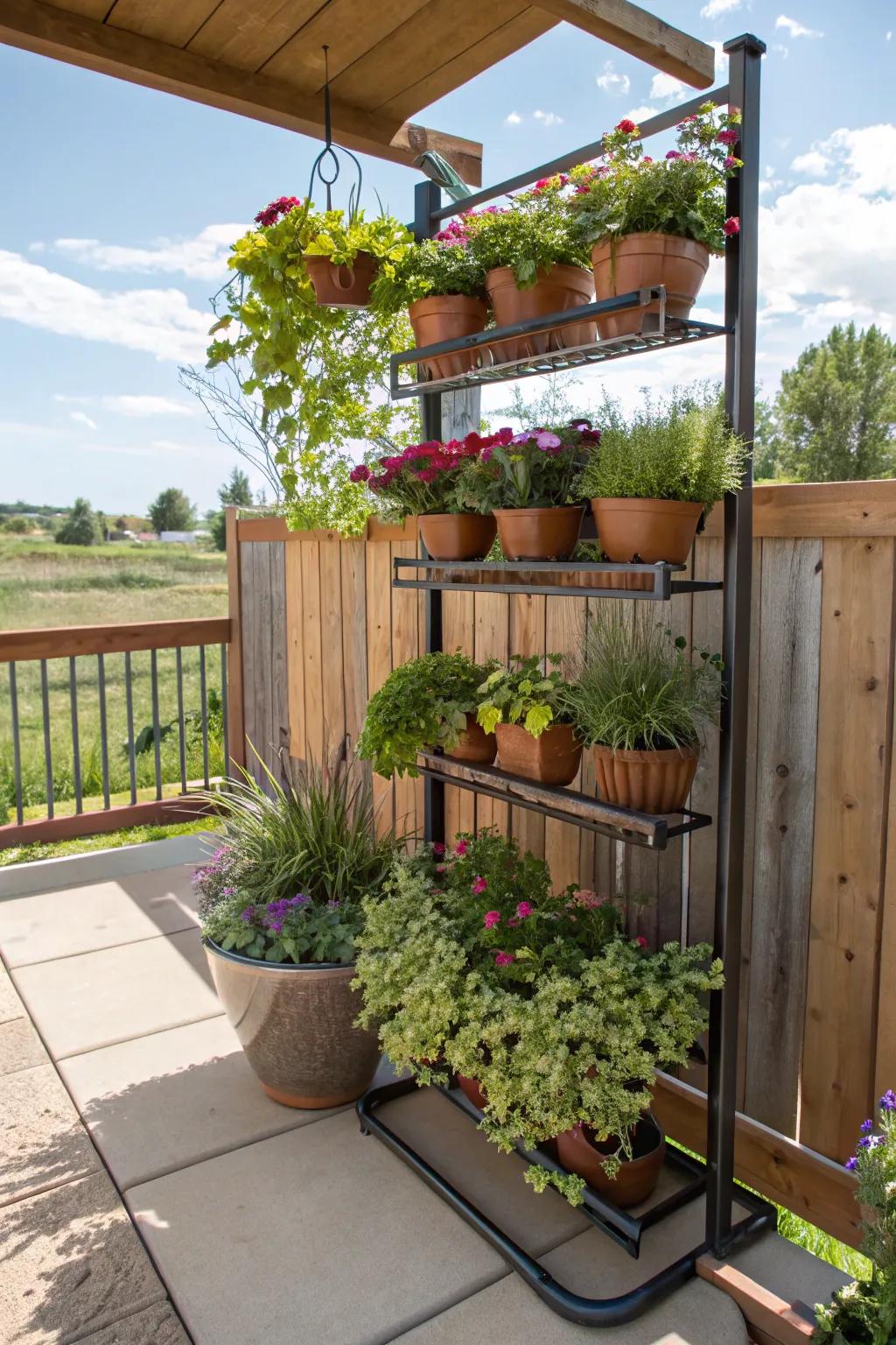 Optimize small spaces with vertical pot garden stands.