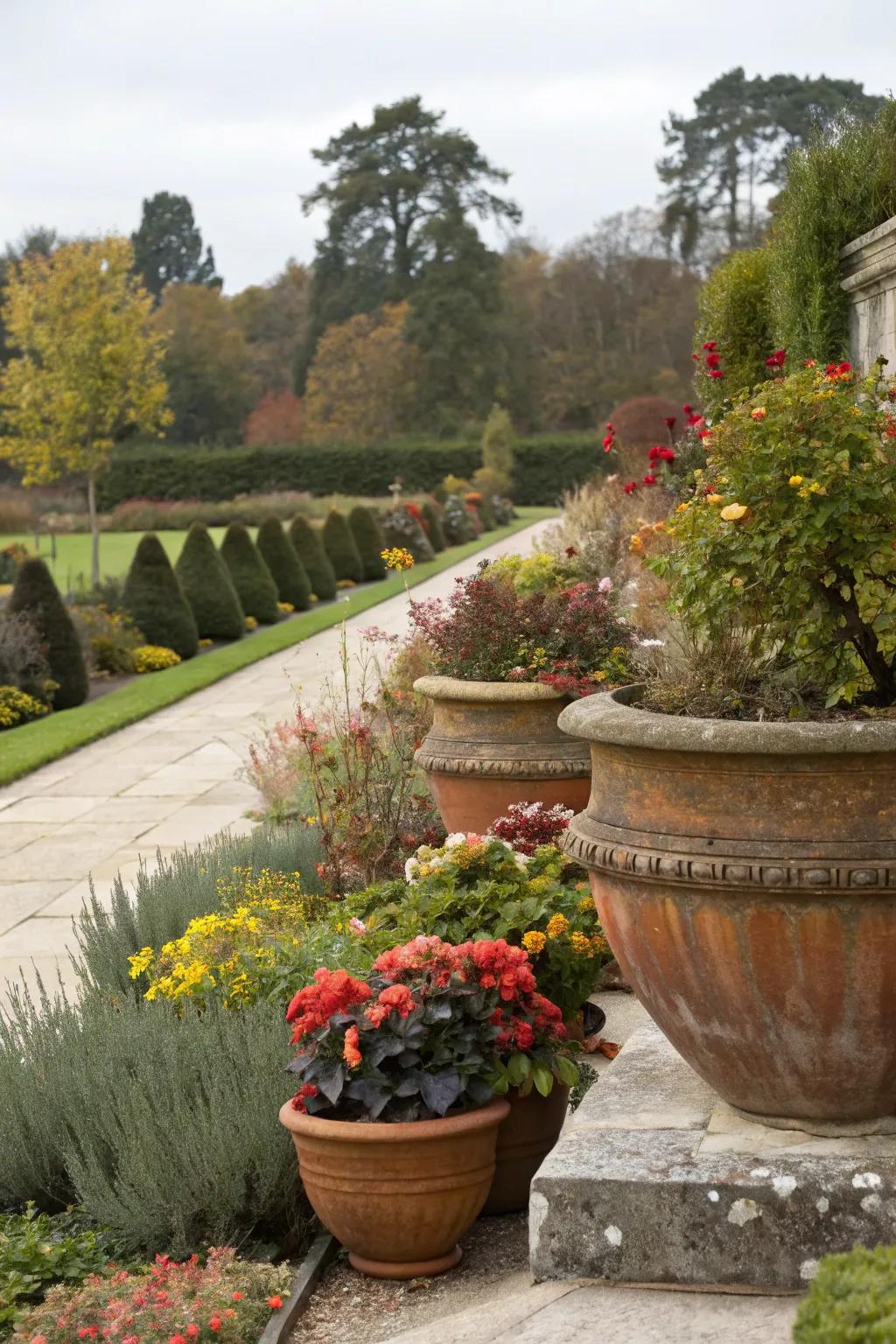 Keep your garden vibrant by rotating seasonal plants in pots.