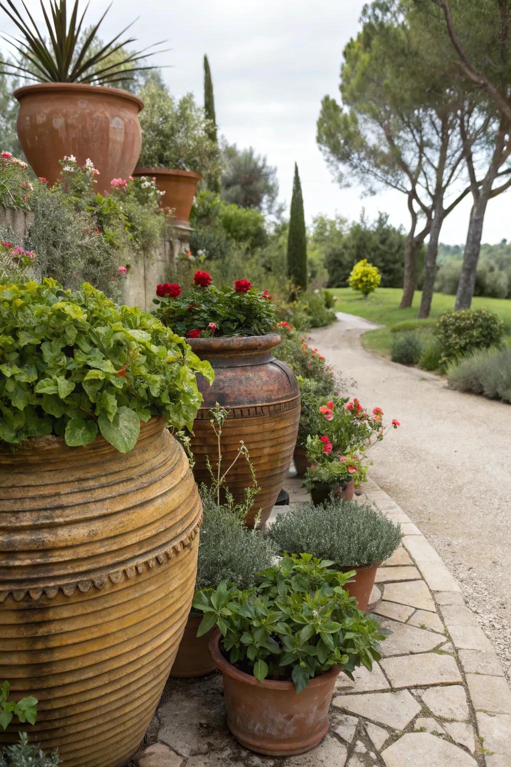 Mix ceramic, terracotta, and metal pots for a textured garden look.