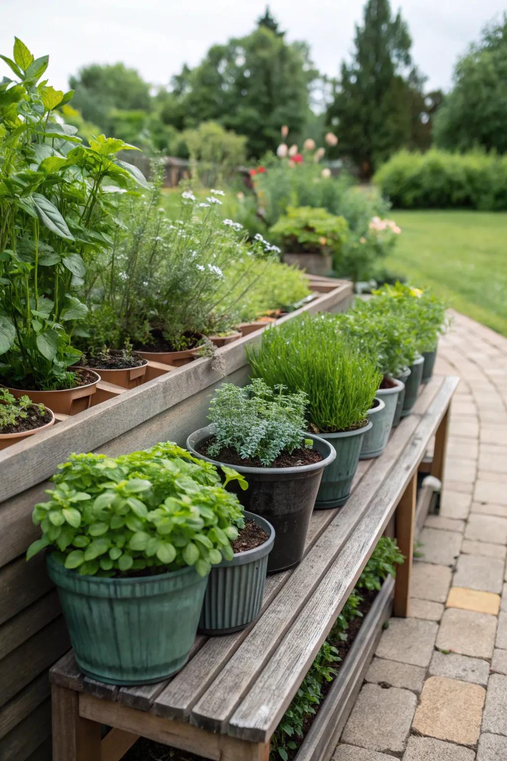 A fragrant and practical herb garden grown in pots.